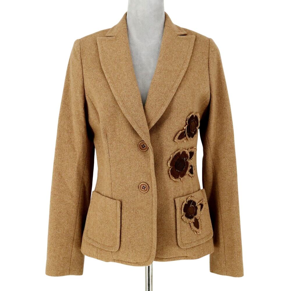 Philippe Adec Jacket Womens 6 Beige Herringbone Floral Applique Lined Buttons